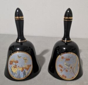 Vintage Brinn's Japan Black Porcelain Dinner Bell Pair Gold Trim Bird Floral
